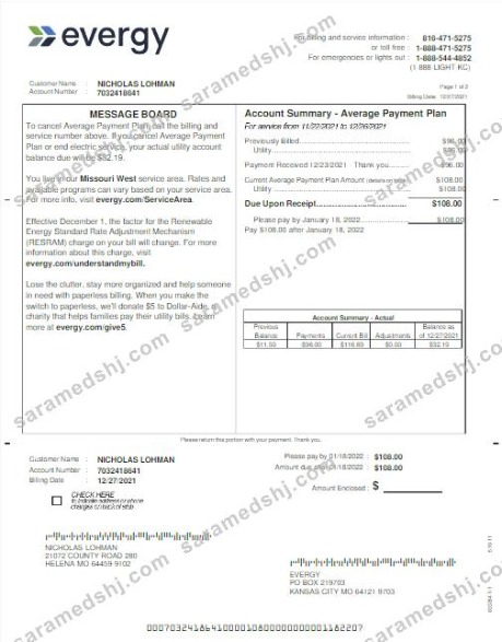 USA EVERGY utility bill Word and PDF template